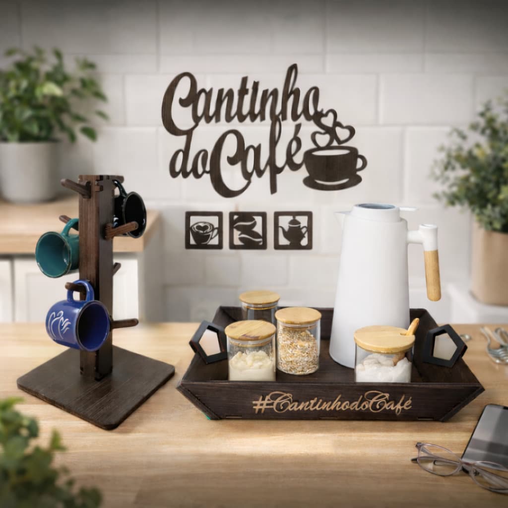 Kit Cantinho do Café Bandeja Diamante + Quadro Vazado + Exclusivo Porta Xícaras Mdf Pintada Organizar e Servir Marrom