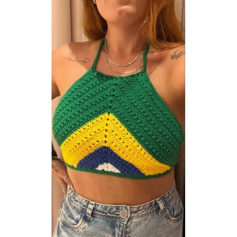 Top Cropped de crochê Brasil, Cropped Triângulo, Top copa 2026, cropped verão, moda praia.