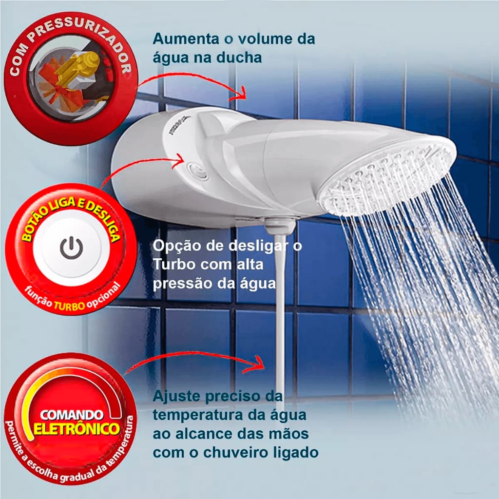 Chuveiro Lorenzetti Top Jet Turbo Eletrônico 220V 7500W com Pressurizador e Comando Eletrônico