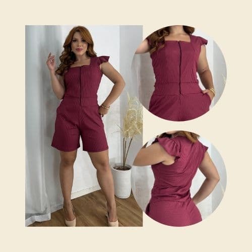 Macaquinho Feminino Aba Com Bolso Zíper Frontal Malha Canelada Premium