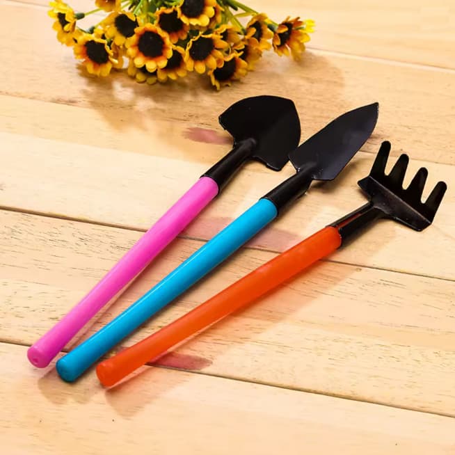 Kit 3 Mini Ferramentas Para Jardinagem Pá, Rastelo e Espátula Bonsai, Flores e Plantas de Casa