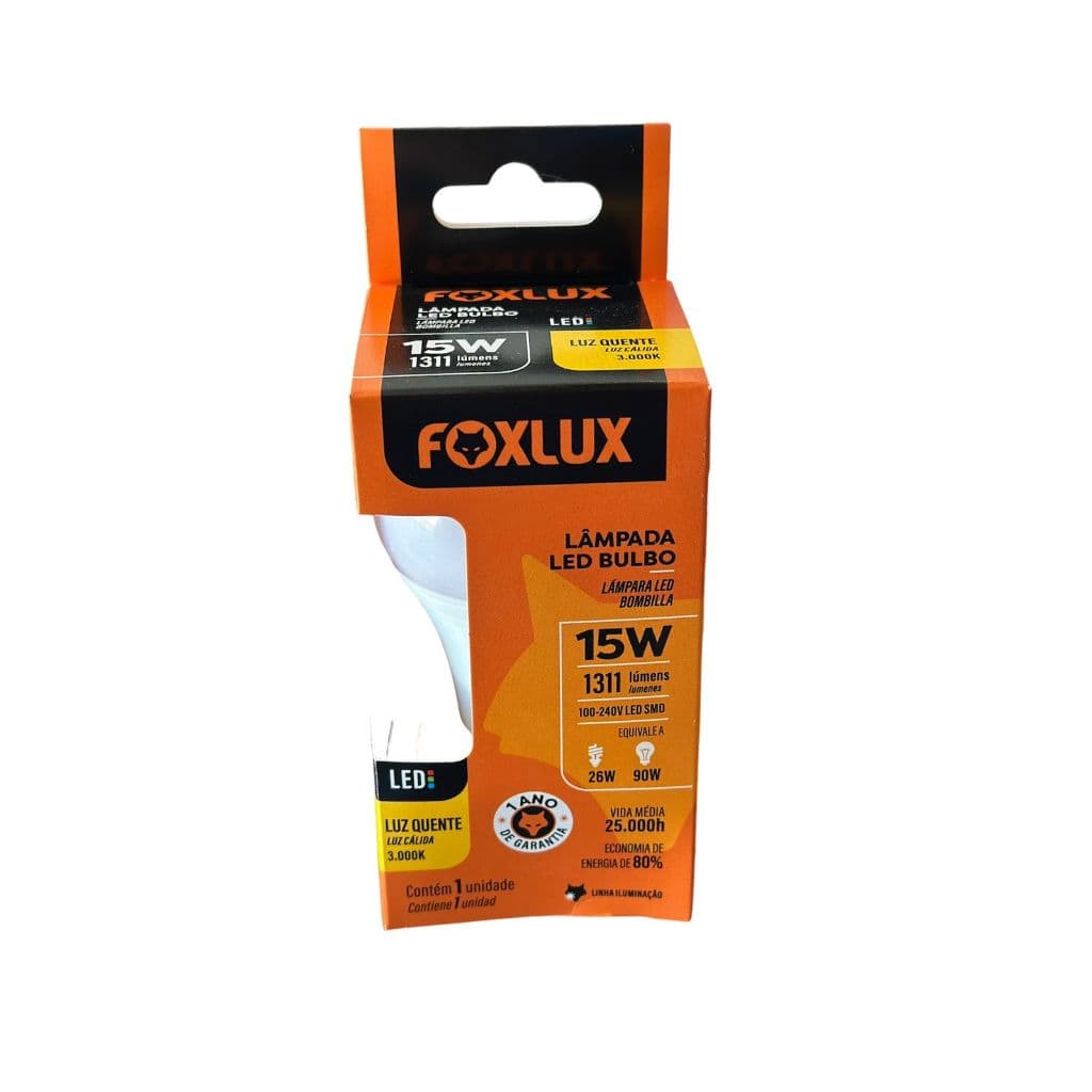 Kit 5 Lâmpadas Led Bulbo Bocal/Base E-27 15W 3000K Luz Quente Bivolt  - Foxlux