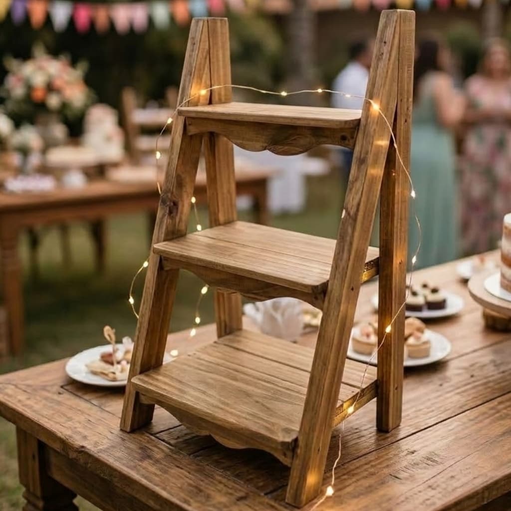 Escada Fixa Pequena Rustica Madeira Pinus Decoração Festa Escadinha De Doces