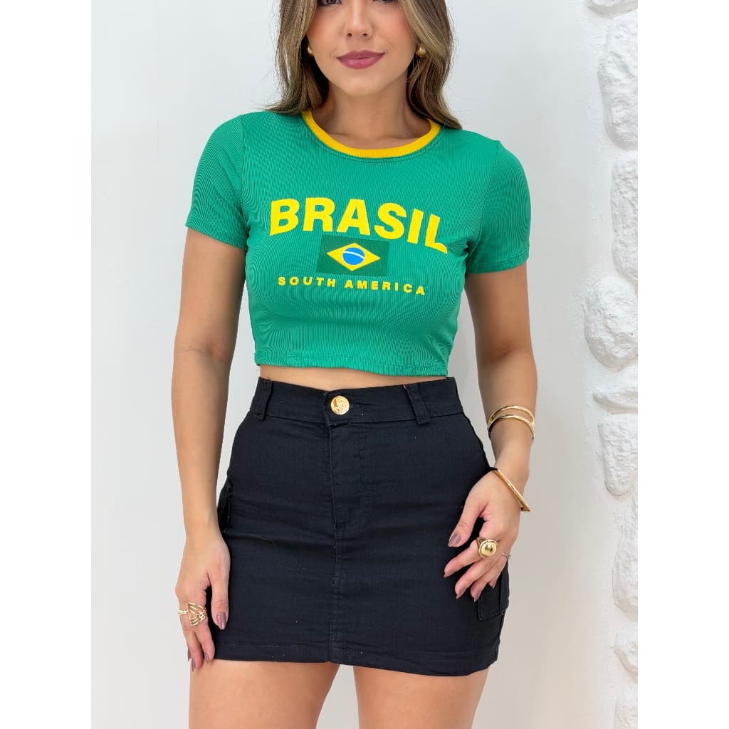 Cropped Feminino Brasil Manga Curta Canelado Justo Moda Verão Blogueira