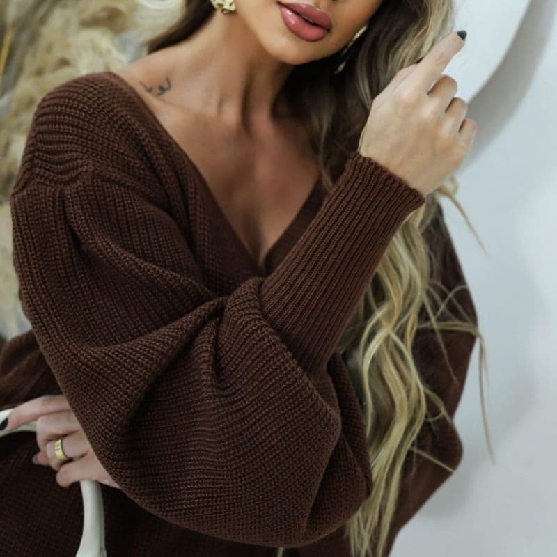 Blusa Tricot Decote V Manga bufante Tamanhos M e G Tricô  Feminina Outono Inverno Tricot Premium 2026