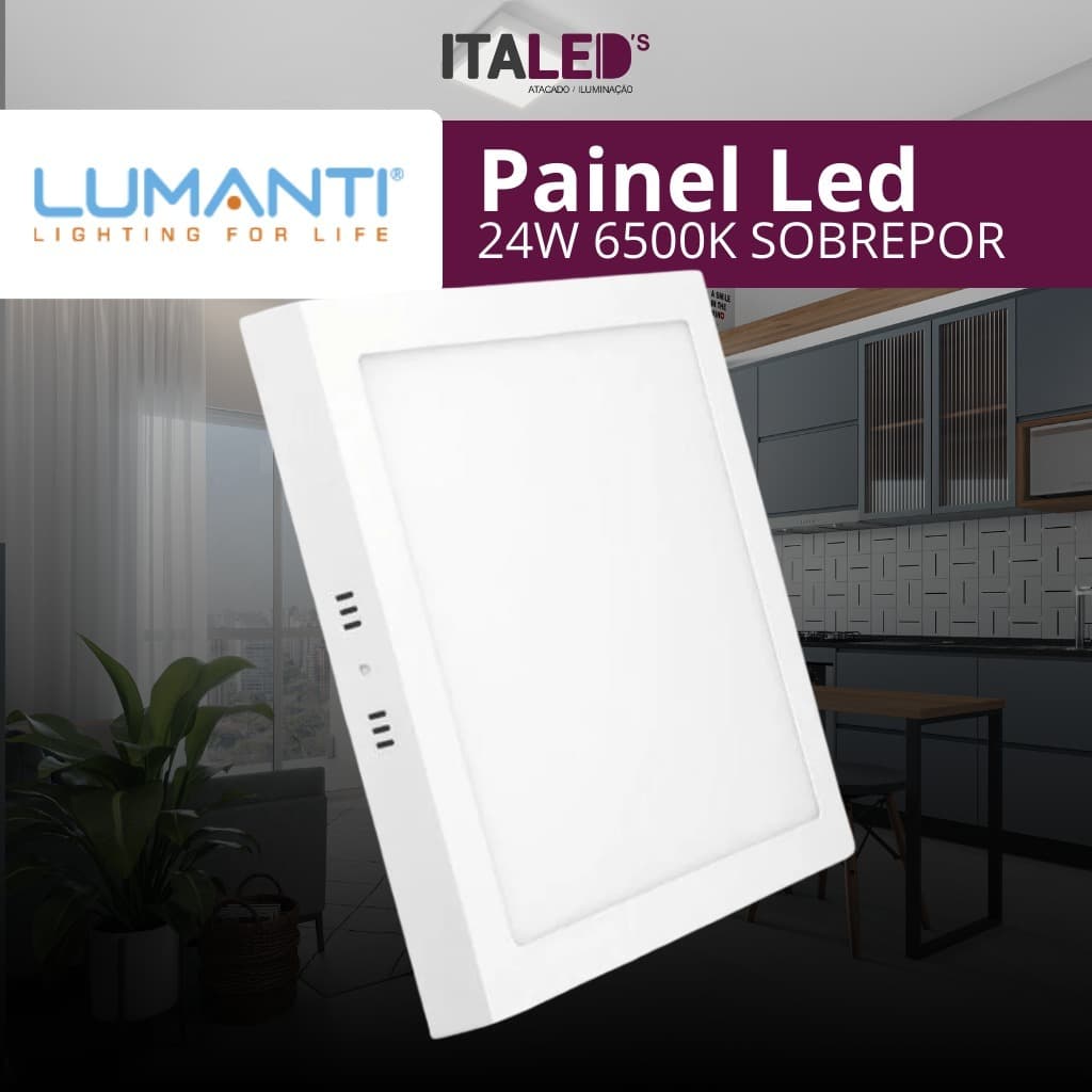 Luminária Plafon Painel Led 24W Sobrepor Quadrado Branco Frio 6500K Bivolt 127V - 220V