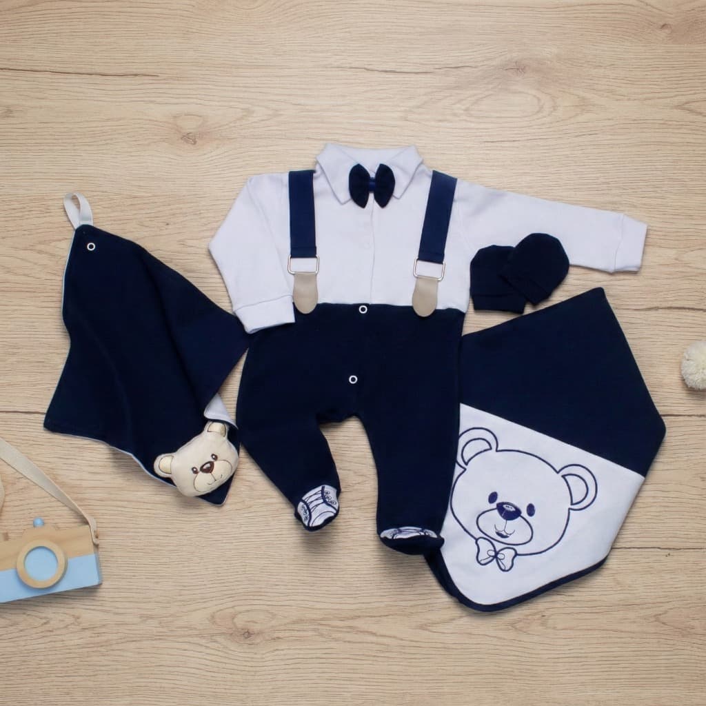 Roupa Saída Maternidade Bebê Menino Azul Marinho com Suspensório Algodão Premium