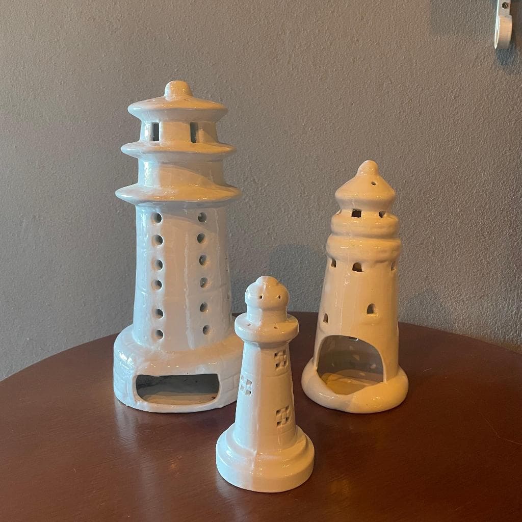 Farol Decorativo de Cerâmica para Vela Decoração Jardim Sala Branco P M G Kit