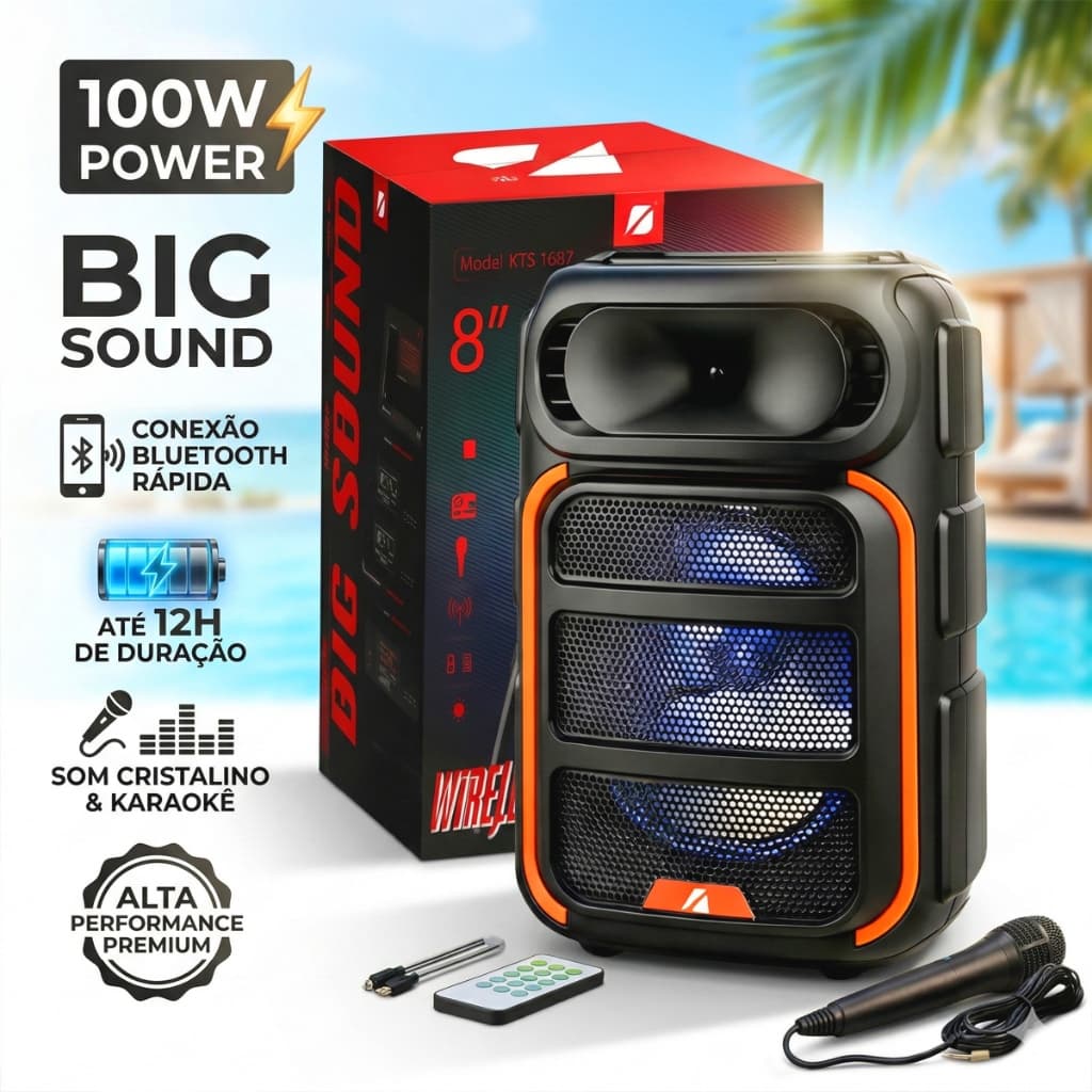 Caixa de Som Bluetooth Portátil Potente LED RGB TWS FM C/microfone 100W para Festa Viagem Praia