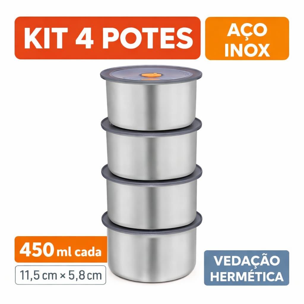 Kit 4 Potes Herméticos Inox 450ml Marmita Armazenar Alimentos Cozinha