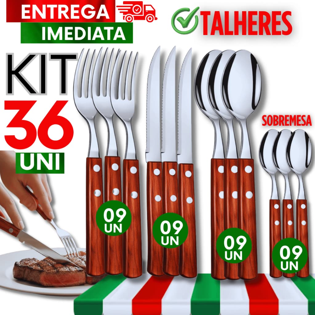 Kit Faca Garfo Colher Mesa e Sobremesa Cabo Madeira Aço Inox Casa Restaurante Buffet Utensílios