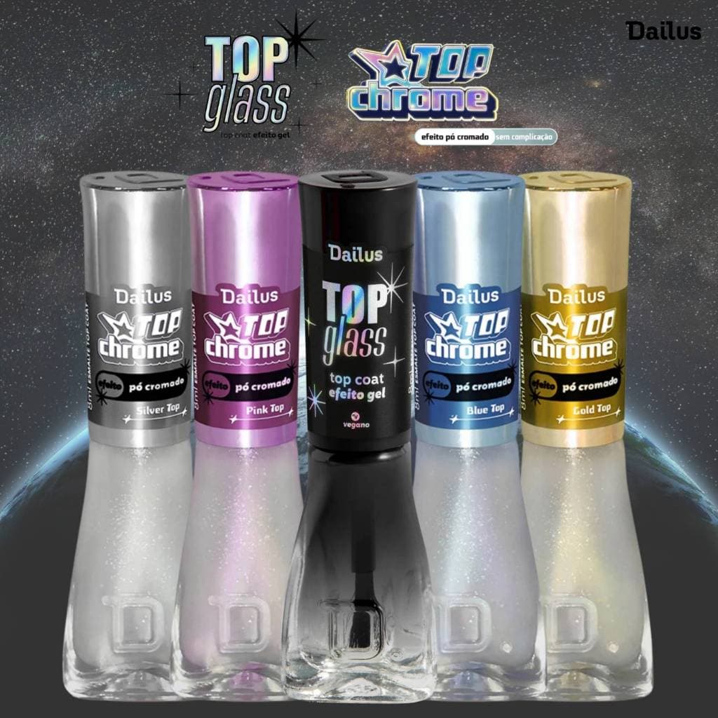 Kit Dailus Lançamento Efeito Pó Cromado Top Coat Chrome + Top Coat Glass
