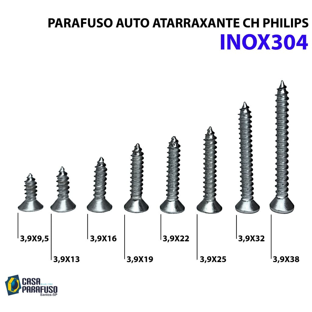 PARAFUSO - 3,9x - AUTO ATARRAXANTE CHATA PHILIPS - AÇO INOX304 - 100 Unidades