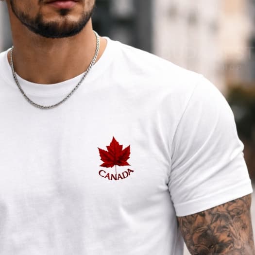 Camiseta Masculina Bege Canadá Folha Bordada Premium Algodão Confortável Estilo Casual Top