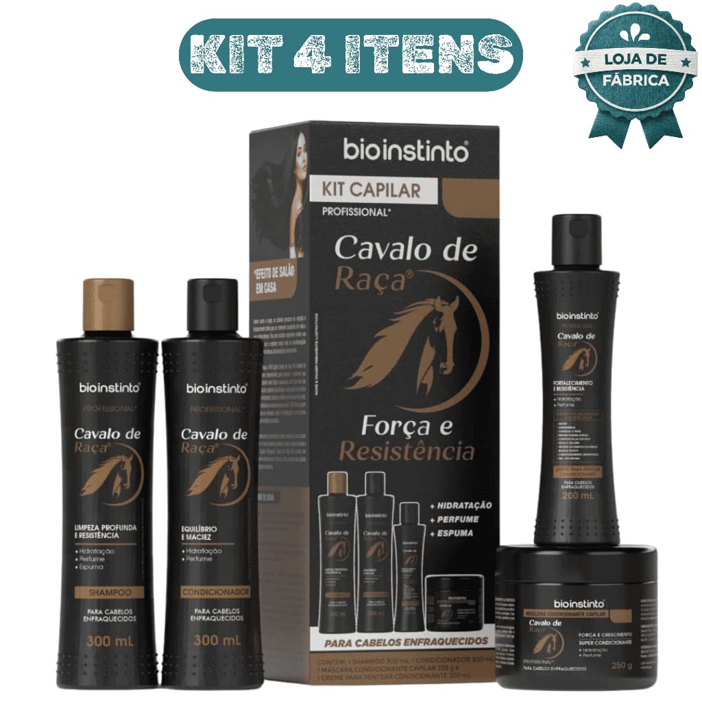Kit Capilar Cavalo de Ra莽a Bio Instinto 4 Itens For莽a Crescimento Brilho Tratamento Completo