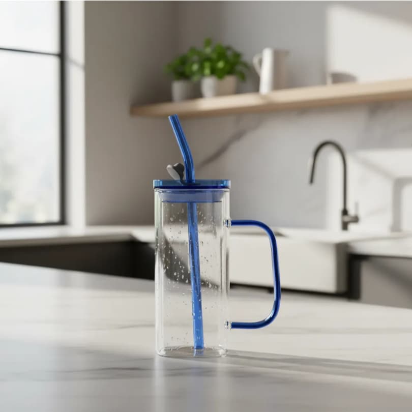 Copo Caneca Ideal para Sucos e Vitaminas 300ml Alça E Canudo De Vidro Azul Dia a Dia e Presentear