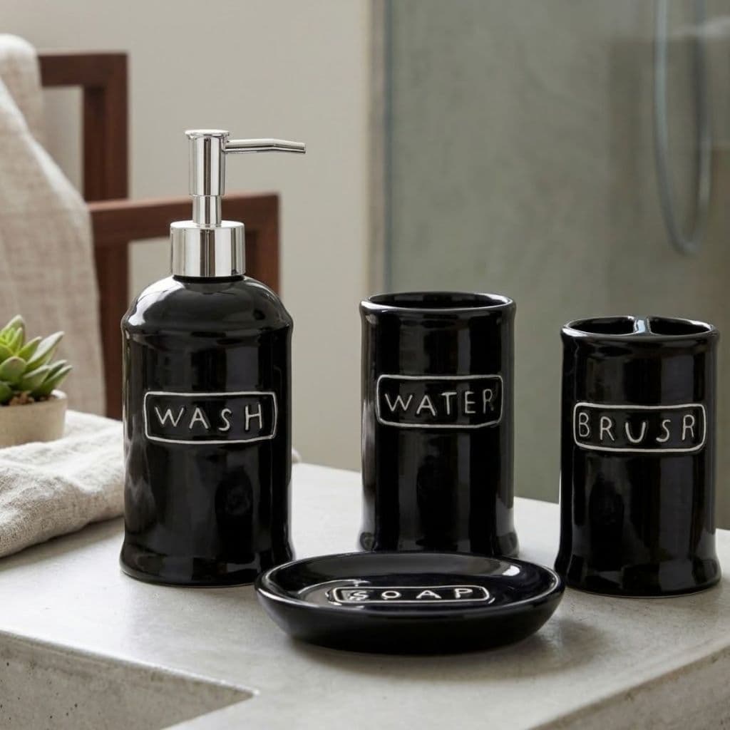 Kit Banheiro Lavabo Luxo Cerâmica Preto Branco 4 Peças Jogo Completo Dispenser Sabonete Líquido Porta Escova Dente Sabao