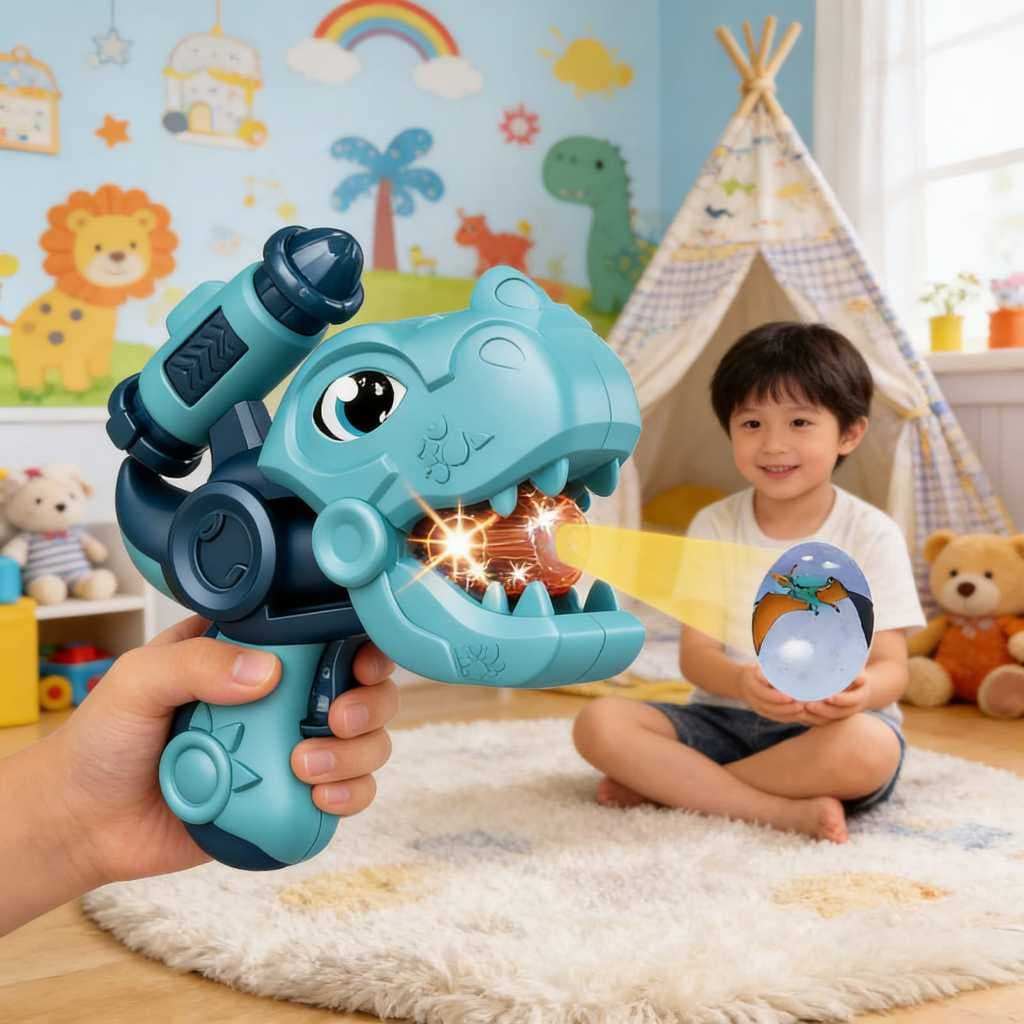 Brinquedo de projeção de dinossauro com música e luzes.