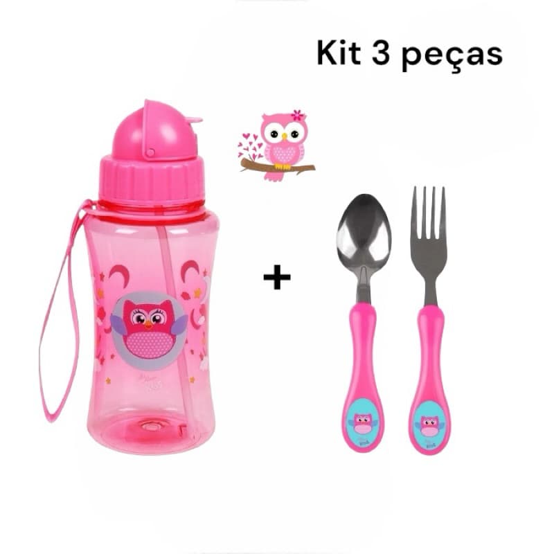 Kit Coruja Rosa Garrafa De Plástico Com Canudo + Talher Garfo E Colher Inox Menina
