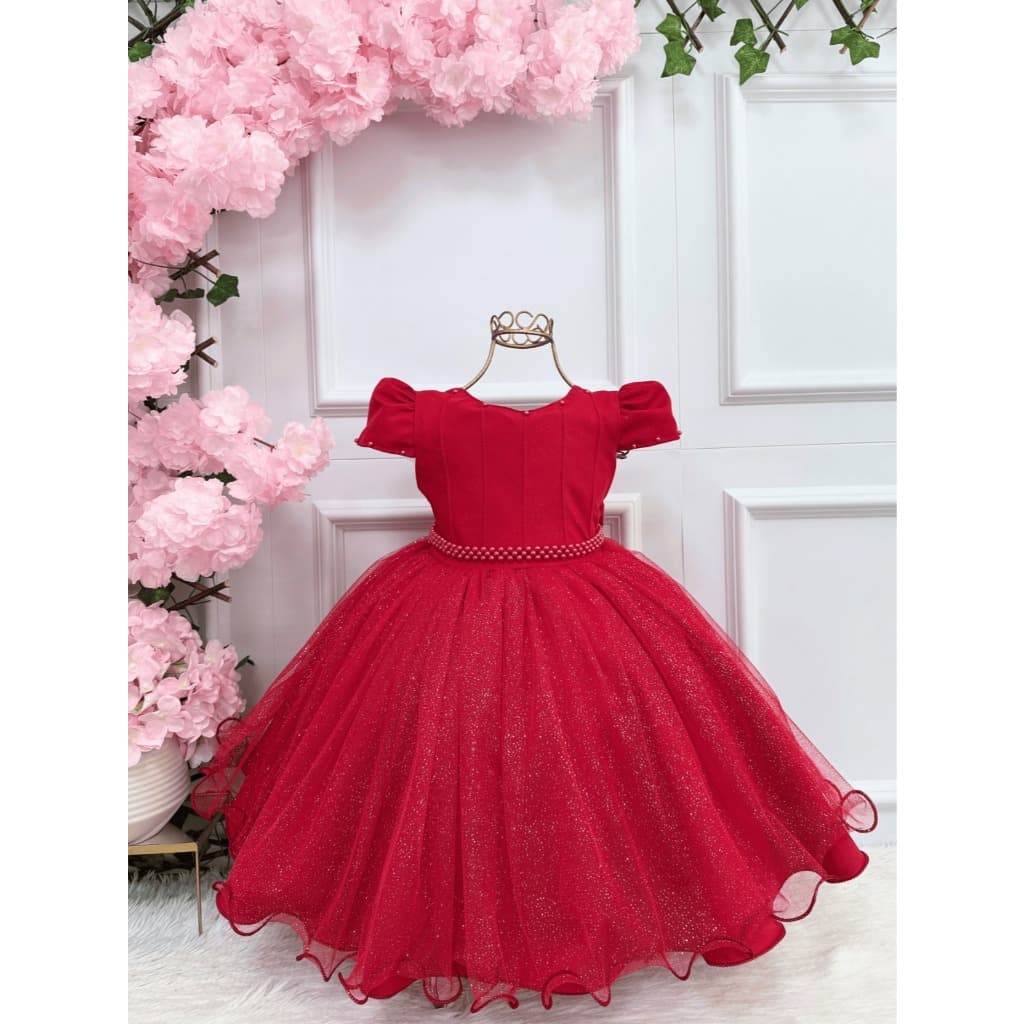 Vestido Infantil Vermelho de Festa com Brilho 1 A 3 ANOS– Modelo Princesa Elegante