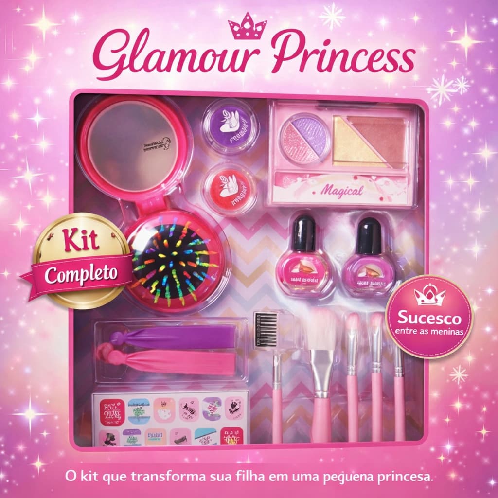 Kit Completo de Maquiagem Infantil com Pincéis e Cuidados Capilares