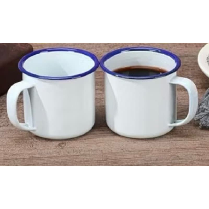 Caneca150ml / Xícara Esmaltada Branca com Borda preta/Azul – Tradicional Preto Velho | Café, Chá e Uso Diário