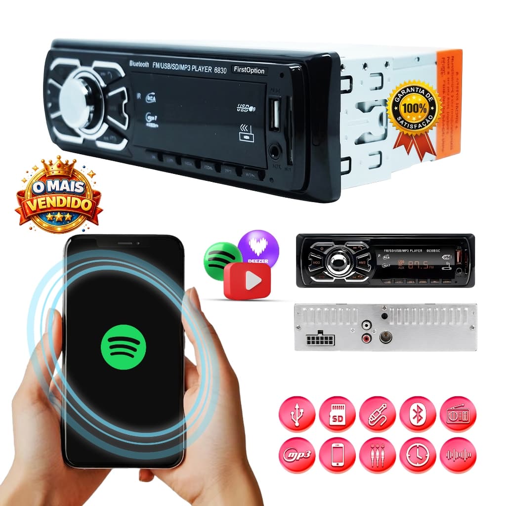 Rádio MP3 Automotivo Bluetooth USB SD FM Player Universal Serve Para Todos Carros