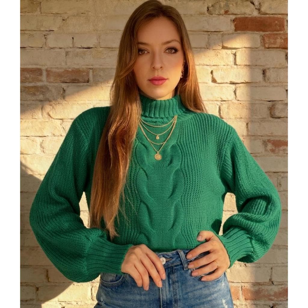 Blusa Feminina De Inverno Gola Alta Ponto Fang Trança Manga Bufante Oversized Elegante