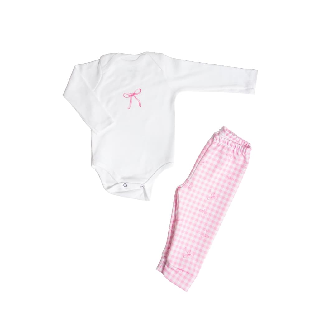 Conjunto Calça e Body Manga Longa Xadrez Vichy Rosa