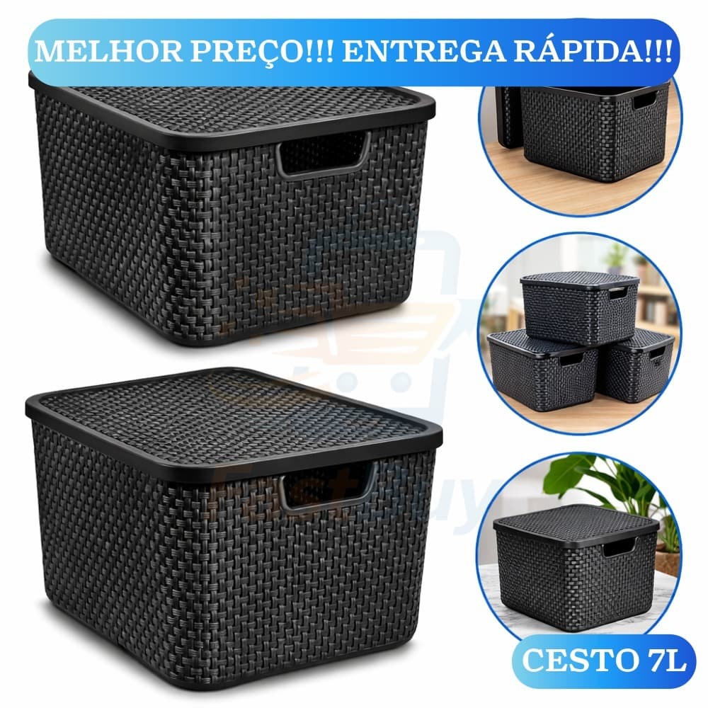 Cesto Caixa Organizadora Rattan 7 Litros Com Tampa Organizador Multiuso Armário Banheiro