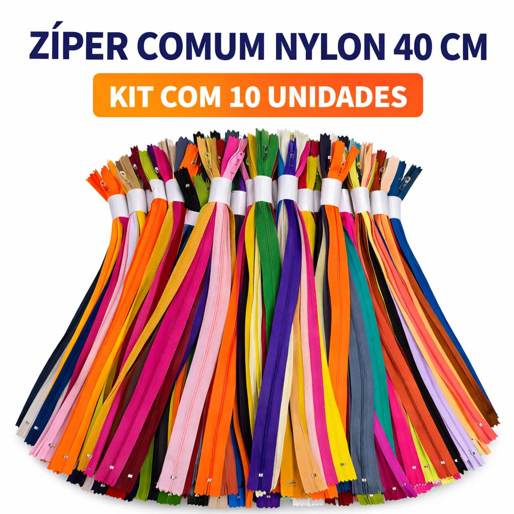 Zíper de Nylon Comum 40 CM - Cores Sortidas - Kit C/ 10 Unidades