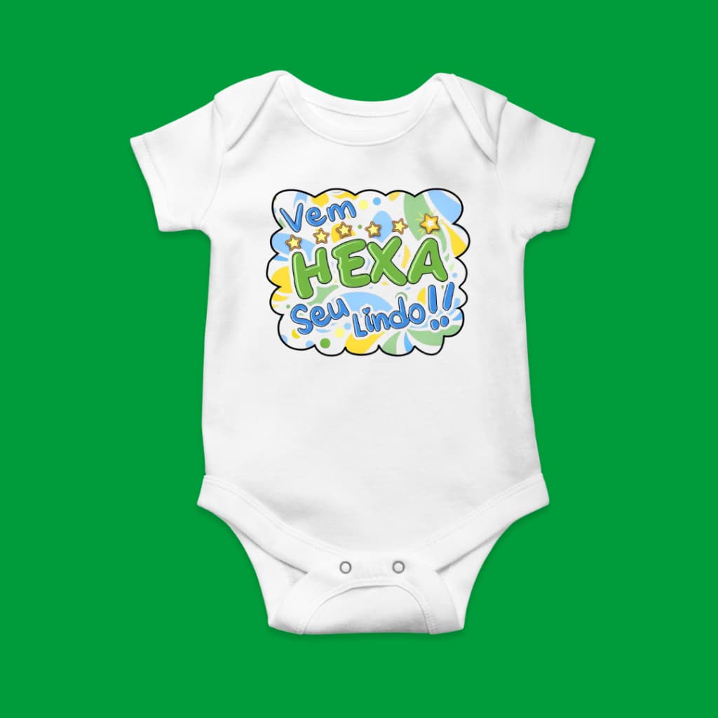 Body bebê infantil branco manga curta estampa Copa do Mundo Vem Hexa