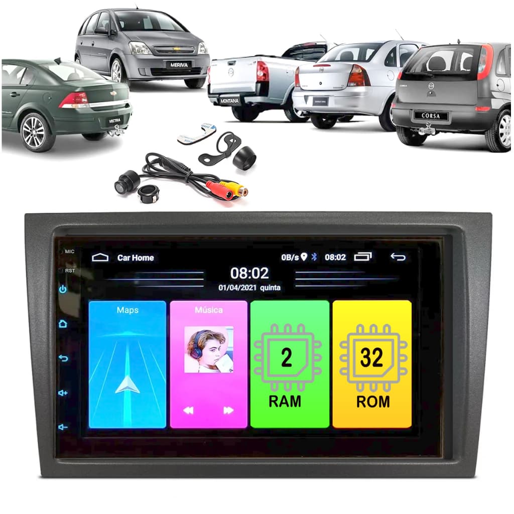 KIT CENTRAL MULTIMÍDIA ANDROID BLUETOOTH P/ CORSA MONTANA VECTRA MERIVA MOLDURA 7POL + CÂMERA DE RÉ