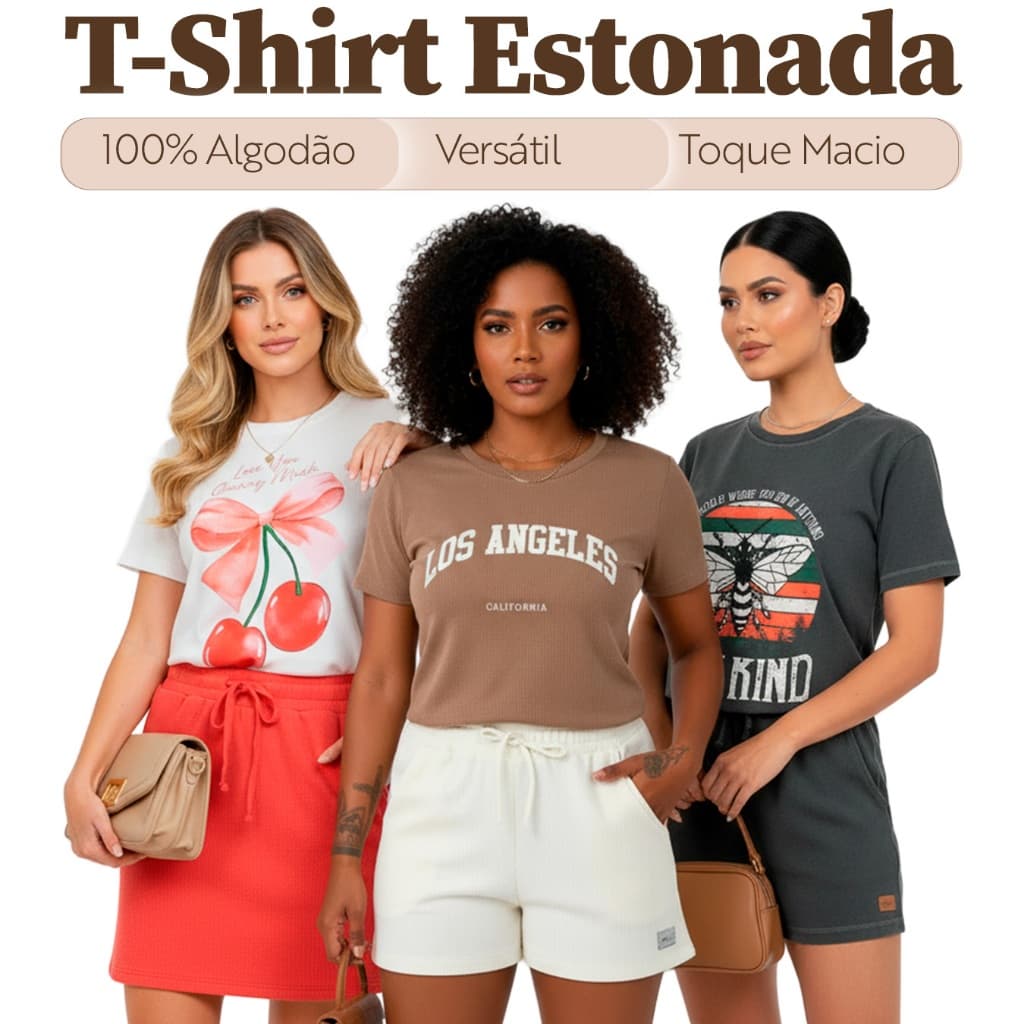 Blusa T-shirt Estonada Feminina 100% Algodão Estampada Manga Curta Gola Redonda - L7
