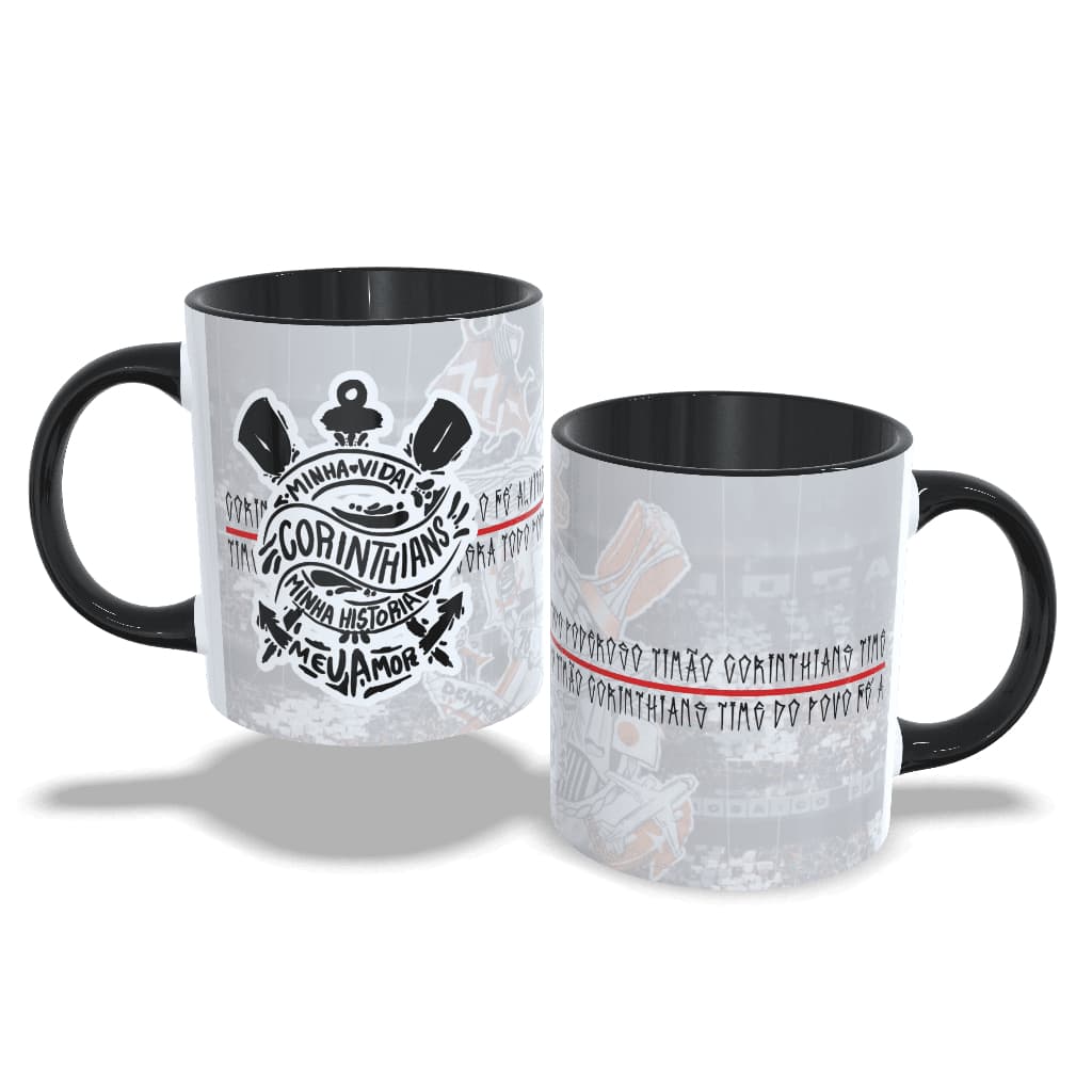 Caneca Corinthians “Minha Vida, Minha História, Meu Amor” 325ml – Frases Icônicas Estilo Pixo | Porcelana Timão
