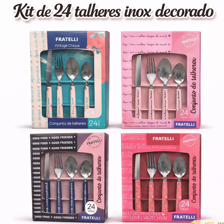 Jogo talher faqueiro inox 24 pçs decorado frase mesa posta presente cha cozinha premium reforçado