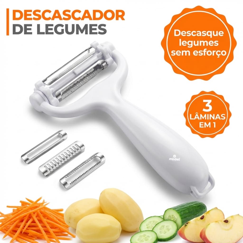 Descascador de Legumes e Frutas 3 em 1 Aço Inox – Lâminas Julienne Serrilhada – Prático e Resistente
