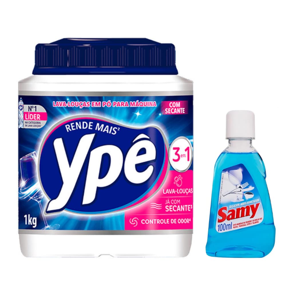 Kit Lava Louças em Pó 1kg Ypê + Secante Samy 100ml para Máquina