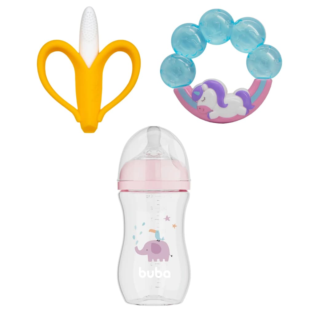 Kit Buba: Mamadeira 270ml Elefante Rosa + Mordedor Unicórnio + Massageador Banana