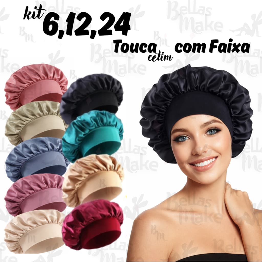 Kit Touca De Cetim Com Faixa Proteção Anti Frizz Cabelos Cachos Cores Sortidas 6 12 ou 24 Unidades