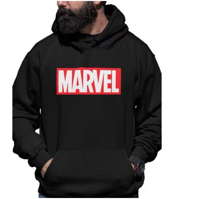 moleton marvel casaco flanelado com bolso e capuz modelo canguru unisex adulto-infantil