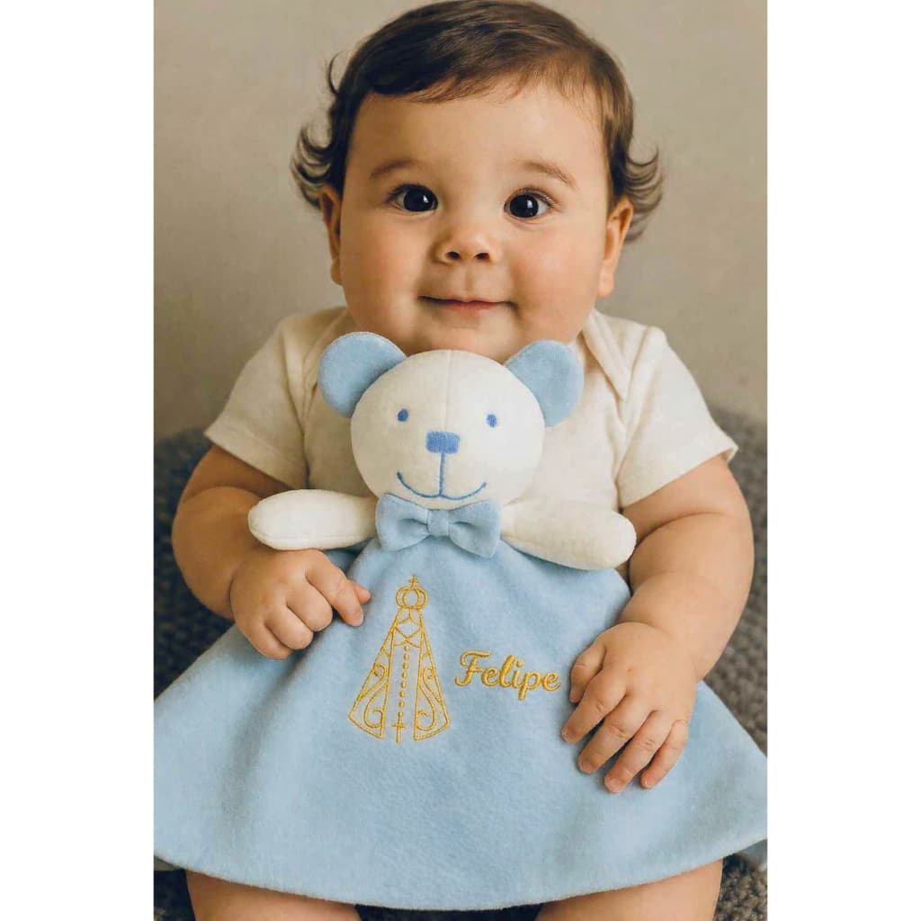 Naninha de Bebê Personalizada com Nome Menino, Ursinho e Nossa Senhora