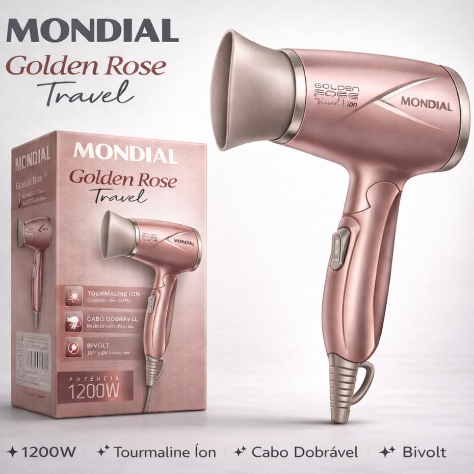 Secador de Cabelo Bivolt  Mondial Golden Rose Travel 1200W ÍonTourmaline Portátil Dobrável Antifrizz