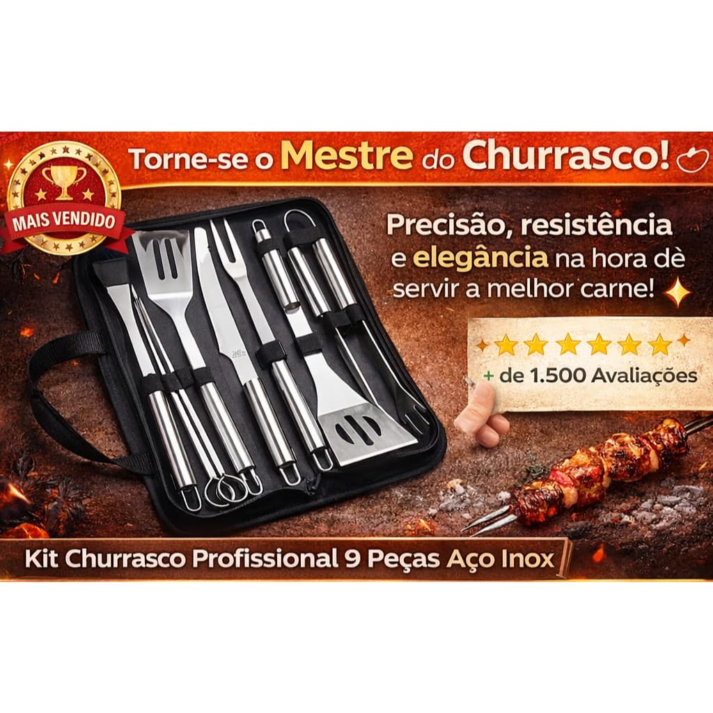 Kit Churrasco Profissional 9 Peças Aço Inox Completo com Bolsa Maleta de Transporte Utensílios