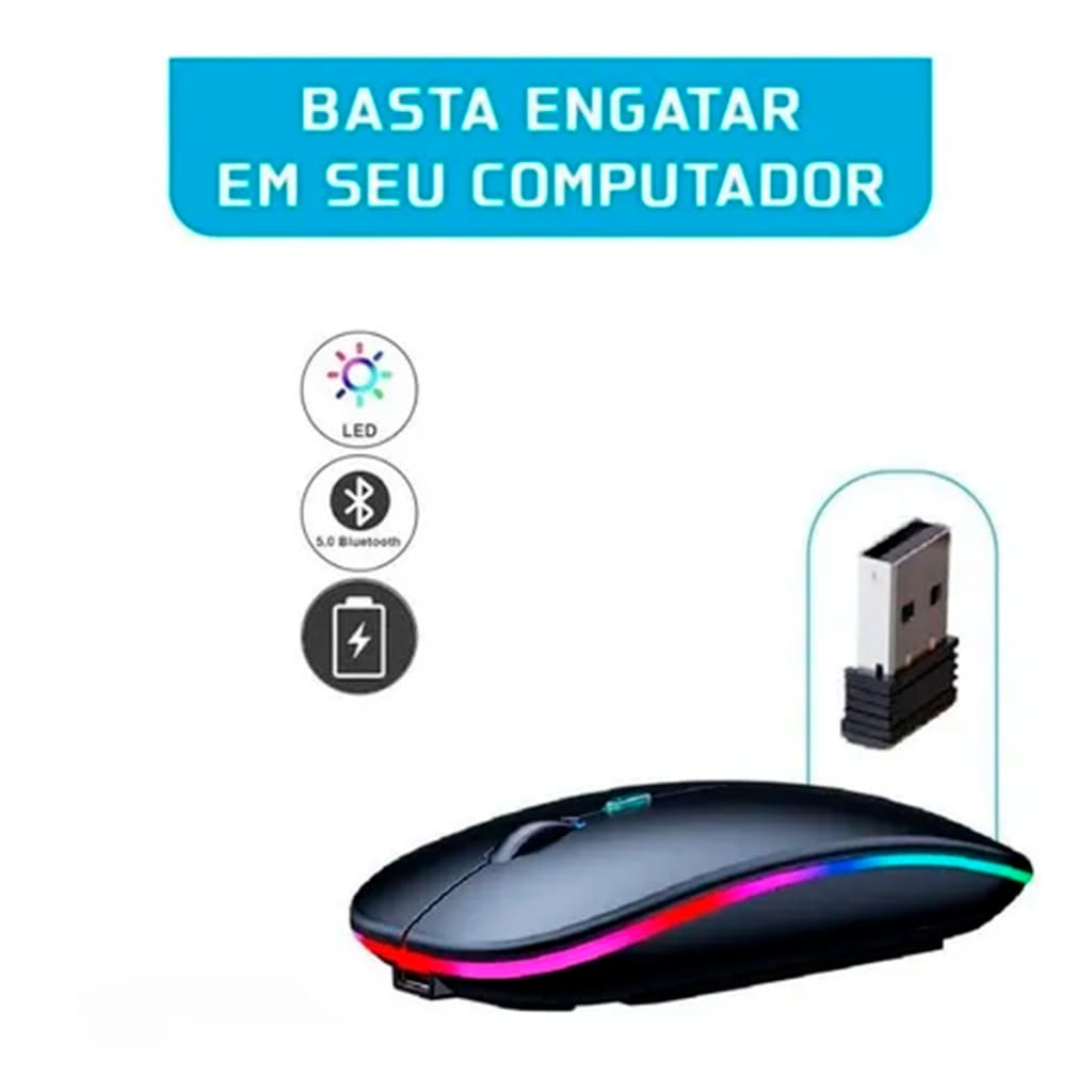 Mouse Recarregável Sem Fio Wireless 2.4ghz Led