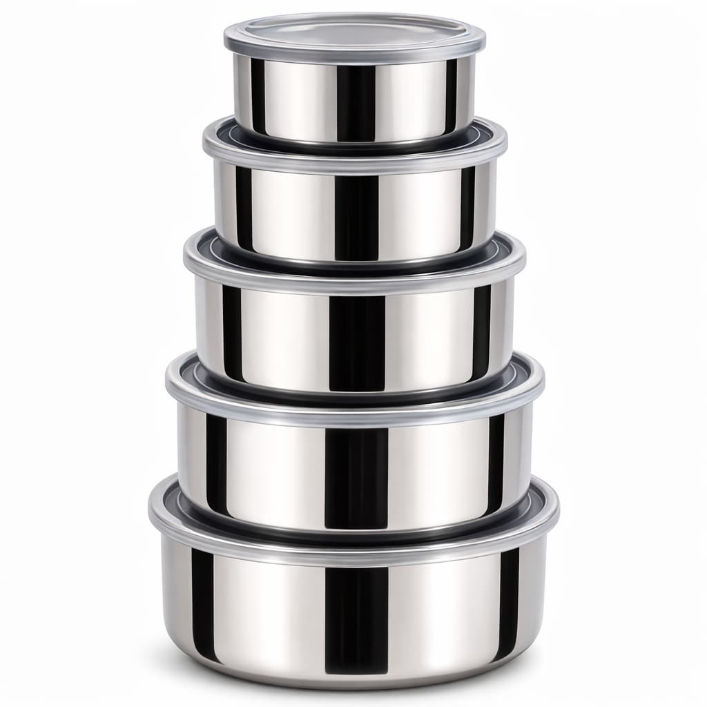 Kit Potes Inox 5 Peças com Tampa Hermética Redondo Porta Mantimentos Cozinha