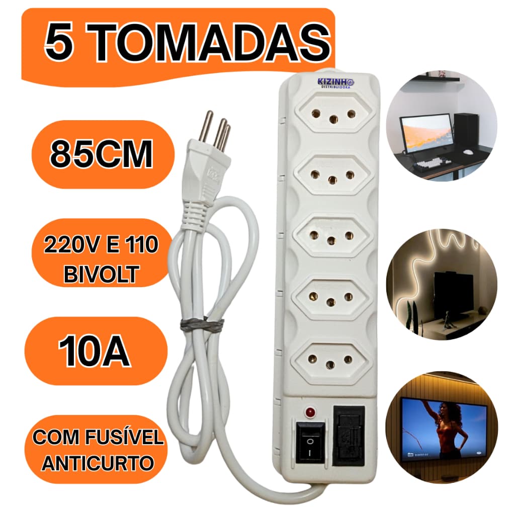Filtro de Linha 5 Tomadas Branca Bivolt Régua Elétrica 3 Pinos 10A com Fusível de Proteção