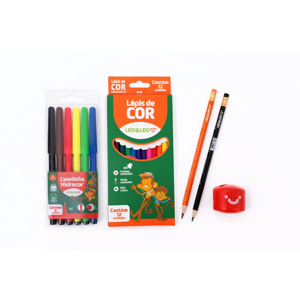 Kit Escolar Léo e Léo – Lápis de Cor 12 + Lápis HB 2+ Apontador Duplo+ Canetinha 6