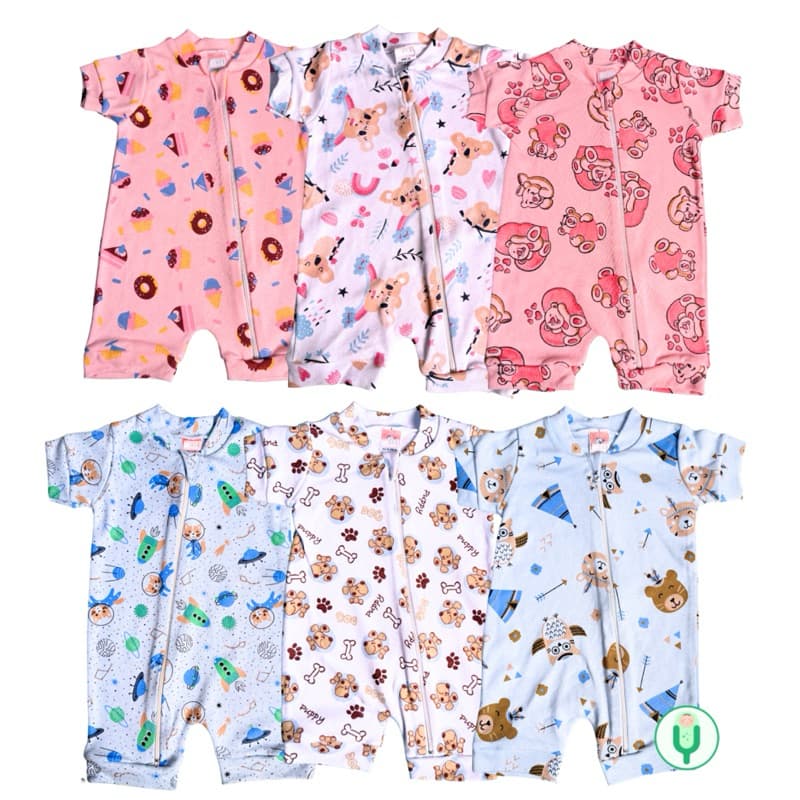 Kit 3 Macacão Bebê Curto com Zíper 100% Algodão Estampado
