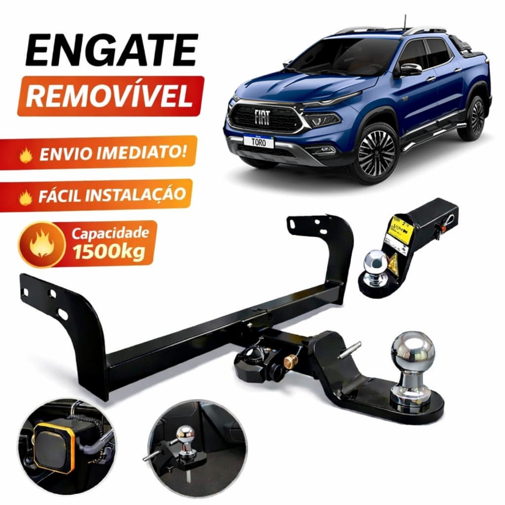 ENGATE REBOQUE REMOVÍVEL FIAT TORO  2016 À 2025 1500KG RABICHO NOVO COMPLETO NÃO FURA